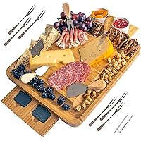 ROOTS TO TABLE Natural Bamboo Cheese Board and Knife Set. Wood Charcuterie Board Set is Ideal Serving Tray for Cheese, Meat, Crackers and Wine. Bowls, Cutlery and Accessories Included. Great Gift Idea