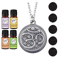 Wild Essentials Pewter Aum Om Necklace Essential Oil Diffuser Kit With Lavender, Lemongrass, Peppermint, Orange Oils, 6 Refill Pads, Calming Aromatherapy Gift Set, Customizable Color Changing, Perfume