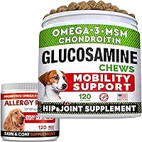 Glucosamine Treats + Allergy Relief Dog Bundle - Joint Supplement w/Omega-3 Fish Oil + Itchy Skin Relief - Chondroitin, MSM + Pumpkin, Enzymes, Turmeric - Skin & Coat - Bacon Flavor + Vegetable Chews