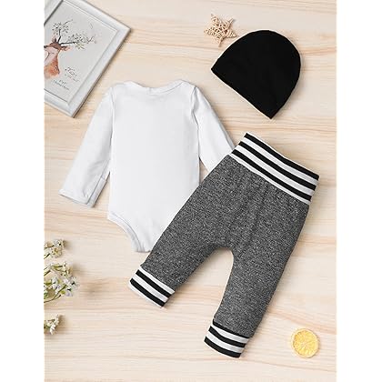 Fommy Newborn Baby Boy Clothes New to The Crew Letter Print Romper+ Pants+Hat 3PCS Outfit