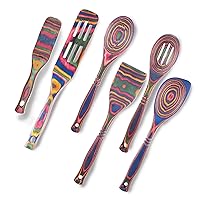 Exotic Pakkawood 6-Piece Kitchen Utensil Set with 12-in Spoon, 12-in Slotted Spoon, 12-in Spatula, 12-in Corner Spoon, 13-in Large Spurtle, 9-in Small Spurtle - by Crate Collective (Rainbow)
