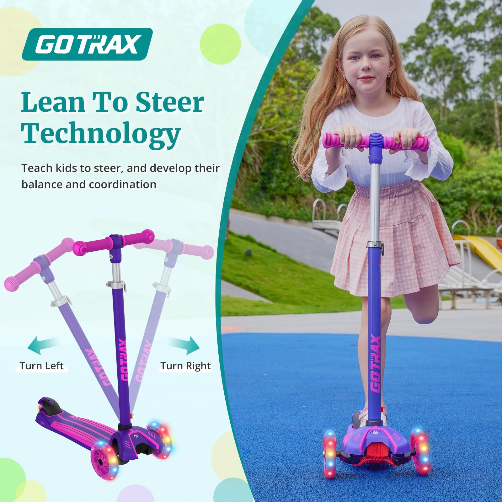 Gotrax KS1/KS3 Kids Kick Scooter, LED Lighted Wheels and 3Adjustable Height Handlebars, Lean-to-Steer & Widen Anti-Slip Deck, 3 Wheel Scooter for Boys & Girls Ages 2-8 and up to 100 Lbs