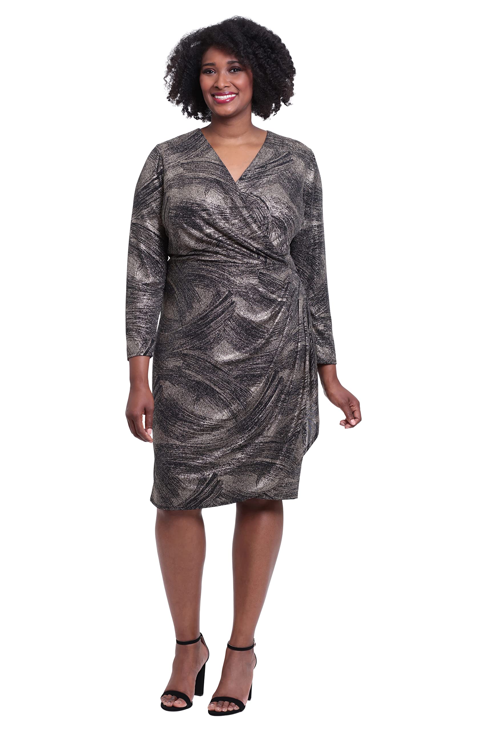 London Times Women's Plus Size Long Sleeve Surplus Bodice Dress with Draping Detail