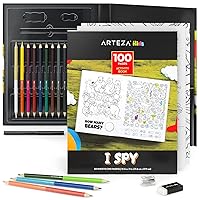 Arteza Kids Activity Book, I Spy Coloring Book, 8.5 x 11 Inches, School Supplies for Ages 6 and Up, 50 Sheets, 12 Double-Ended Colored Pencils, Black Marker, Eraser, Pencil Sharpener