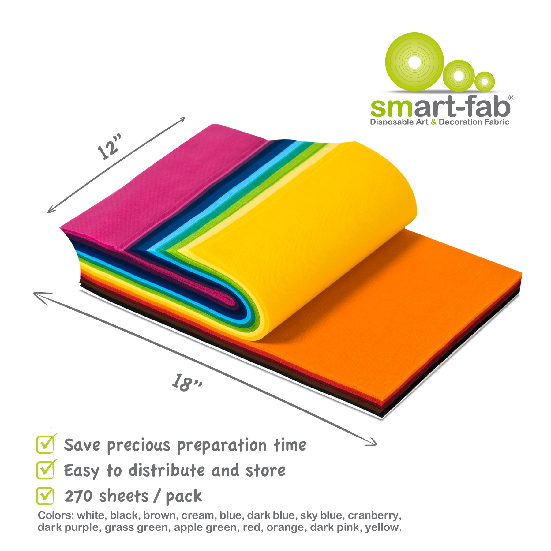 Smart-Fab Disposable Fabric, 12 x 18 Sheets, Assorted, 270/Pack, Perfect for Schools, Classrooms, Crafts, Art, Bulletin Boards, Sew, Draw, Paint it, Unique Non Woven Material (SFB238121827099)