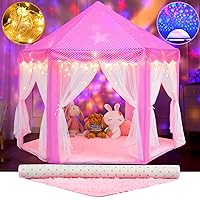 Princess Tent with Rug, Star Lights, Starry Projector Night Light for Girls, Pink Play Tent for Kids, Girls Toys Set for Indoor and Outdoor Games, Princess Castle Playhouse