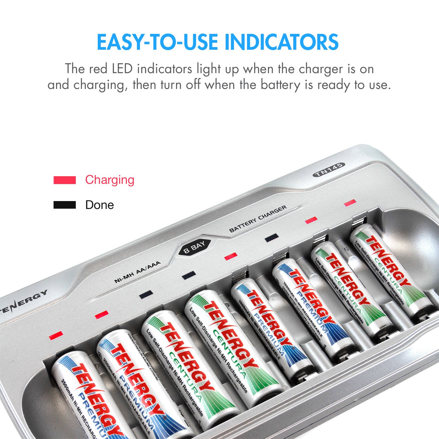 Tenergy TN145 8 Bay Charger and 8 Pack Rechargeable AA Batteries, Independent Charging, UL & CE Certified