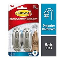 Command Medium Bath Hooks, Holds up to 3 lb, 2 Shower Hooks, 4 Water Resistant Strips, Brushed Nickel Colored, Damage Free Bathroom Organization for Robes, Towels, or Loofahs
