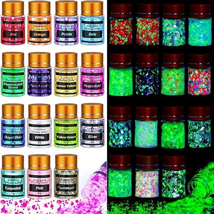 Glow in The Dark Chunky Glitter for Nails, Cridoz 15 Colors High Luminous Glitter Cosmetic Eyeshadow Loose Glow Glitter for Halloween Festival Body Eye Face Hair and Resin (150 Grams)