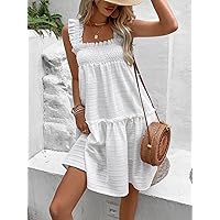 Women's Dress Dresses for Women Solid Frill Trim Ruffle Hem Smock Dress Dresses for Women (Color : White, Size : Large)
