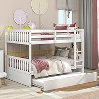 Full Over Full Bunk Bed with Trundle, Full Bunk Beds for 3 Kids/Adults, Convertible to 2 Beds, Detachable Wood Bunkbed w/Full-Length Guardrails & Ladder, No Box Spring Needed, Space-Saving