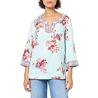 Women's Floral Print Embroidered and Beaded Three Quarters Sleeves Tunic