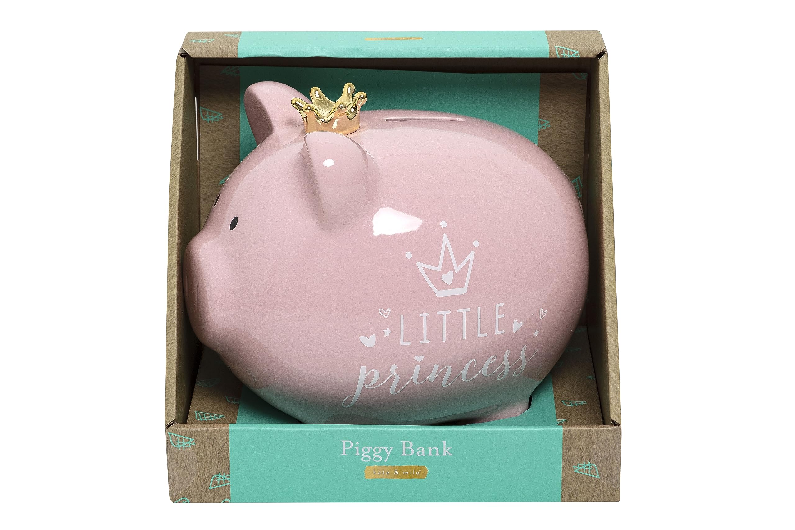 Kate & Milo Little Princess Piggy Bank with Crown, Newborn Keepsake Gift, Ceramic Money Bank For Kids, Baby Girl Nursery Décor, Pink