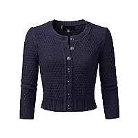 Women's 3/4 Sleeve Crew Neck Button Down Cotton Knit Cropped Cardigan Sweater (S-3XL)