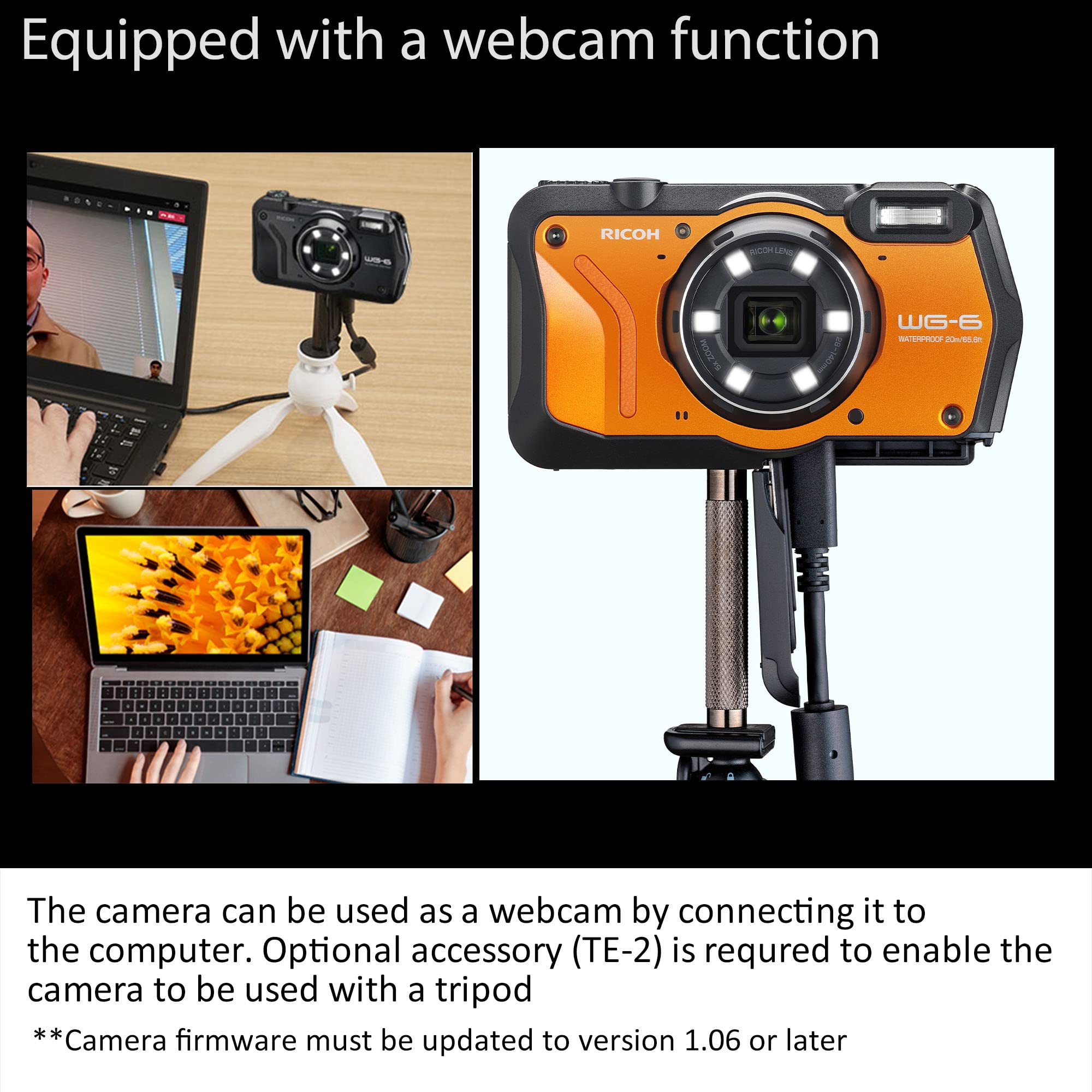 Ricoh WG-6 Webcam Orange Waterproof Camera 20MP Higher Resolution Images 3-Inch LCD Waterproof 20m Shockproof 2.1m Underwater Mode 6-LED Ring Light for Macro Photography