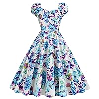 IDOPIP Women's Vintage Floral Print Dress 1950s Cocktail Party Swing Dresses Casual Formal Wedding Guest Tea A-line Prom Gown