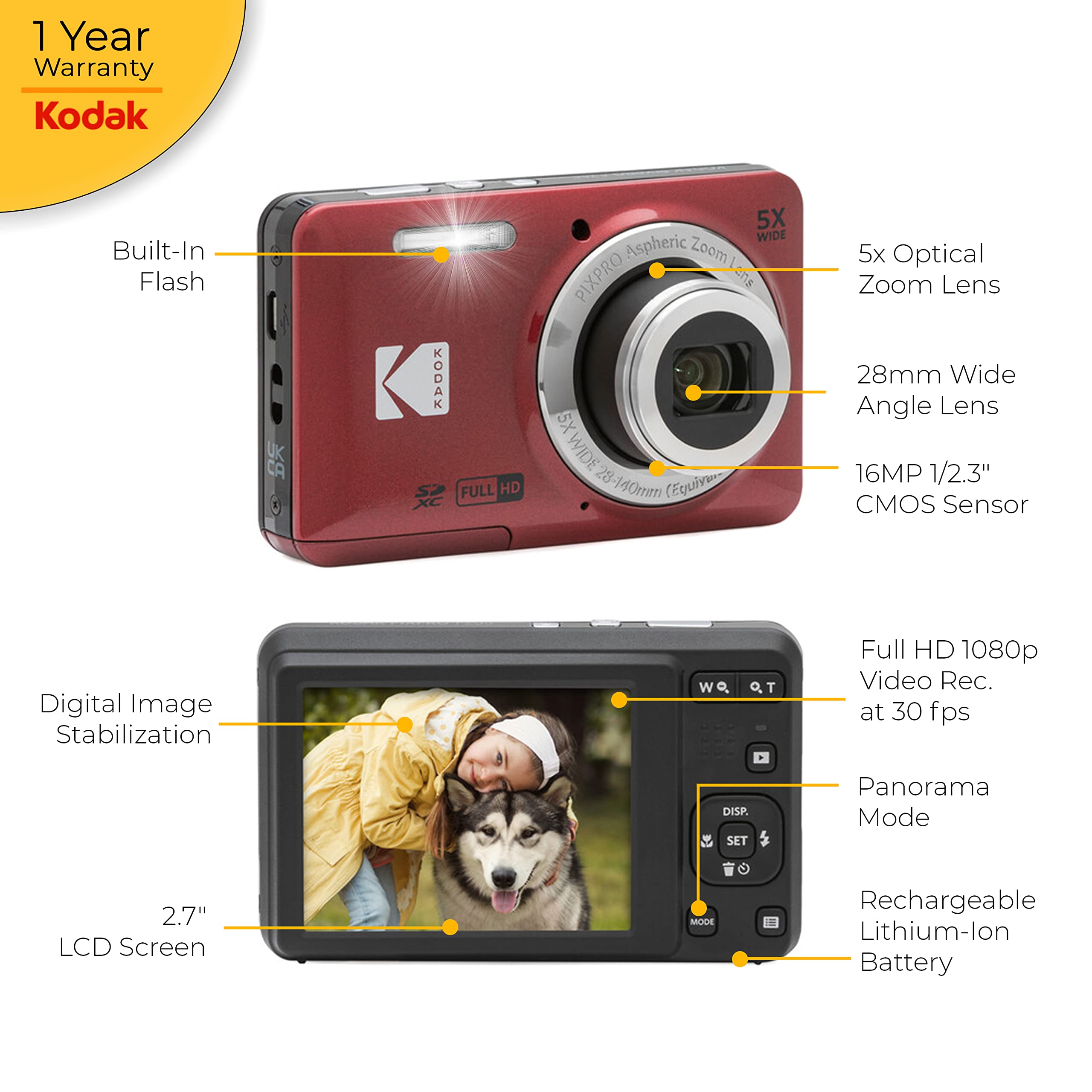 Kodak PIXPRO FZ55 Digital Camera (Red) + 32GB Memory Card + Point and Shoot Camera Case + Extendable Monopod + Lens Cleaning Pen + LCD Screen Protectors + Table Top Tripod – Ultimate Bundle