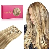 WENNALIFE Clip in Human Hair Extensions, 24 Inch 120g 7pcs Light Blonde Highlighted Golden Blonde Hair Extensions Clip In Human Hair Remy Clip in Hair Extensions Real Human Hair Double Weft