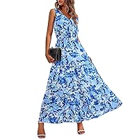 Maxi Dresses for Women 2024 Casual, Women's Flowy V Neck Sleeveless Long Floral Dress, S XXL