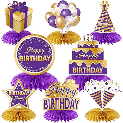 8PCS Purple Gold Birthday Decorations Honeycomb Centerpieces for Women Girls, Purple Happy Birthday Table Centerpieces Party Supplies, 16th 21st 30th 40th 50th 60th Birthday Table Topper Decor