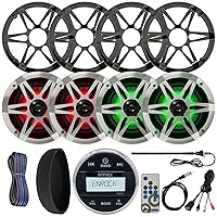 Enrock Marine Gauge Style Bluetooth Receiver Bundle with 4X 6.5 Waterproof 2-Way Multicolor LED Speakers with Chrome/White Grilles, LED Remote, Radio Cover, 2X Antennas, USB/AUX Interface, Wire