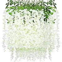 24 Pack Artificial Wisteria Hanging Flowers, Fake Silk Flower String for Wedding, Party, Wall Backdrop Decor (White)