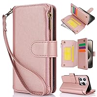 Cell Phone Case Wallet Compatible with iPhone 15 Pro Max Wallet Case,PU Leather Magnetic Flip Folio Case with Wrist Strap Zipper/Card Holder/Shoulder Strap Shockproof TPU Protective Phone Cover ( Colo