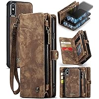 ZORSOME Wallet Case Cover for iPhone Xs Max,2 in 1 Detachable Premium Leather PU with 8 Card Holder Slots Magnetic Zipper Pouch Flip Lanyard Strap Wristlet for Women Men Girls,Brown