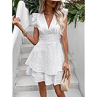 Women's Dress Plunging Neck Zip Back Butterfly Sleeve Ruffle Trim Dress Dresses for Women Fanolo (Color : White, Size : Small)
