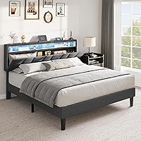 YITAHOME Queen Size Bed Frame, LED Bed Frame with Storage Bookcase Headboard, Upholstered Platform Bed with Charging Station, No Box Spring Needed, Easy Assembly, Grey
