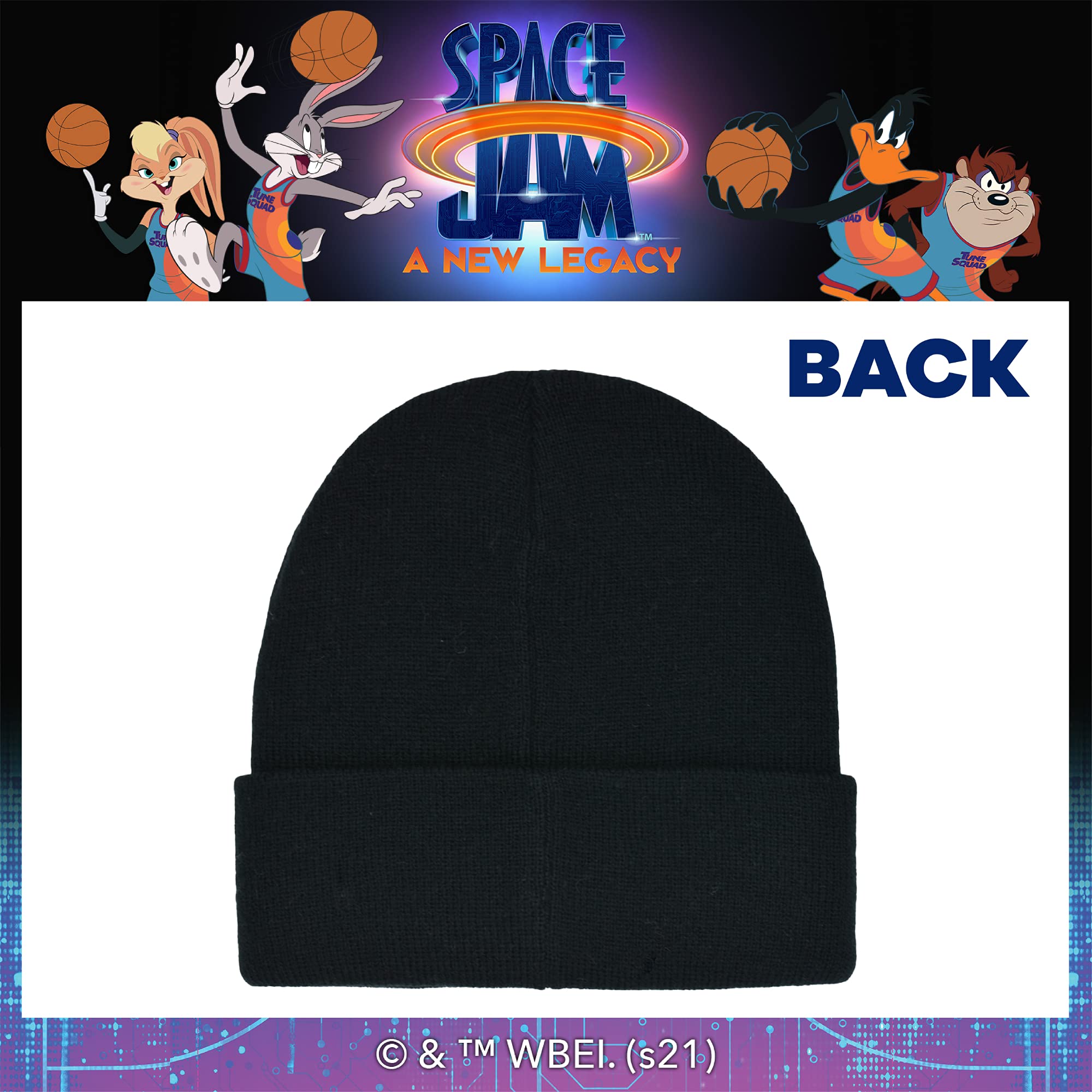 Concept One Space Jam 2 Tune Squad Embroidered Logo Knitted Acrylic Cuff Winter Beanie Hat, Black, One Size