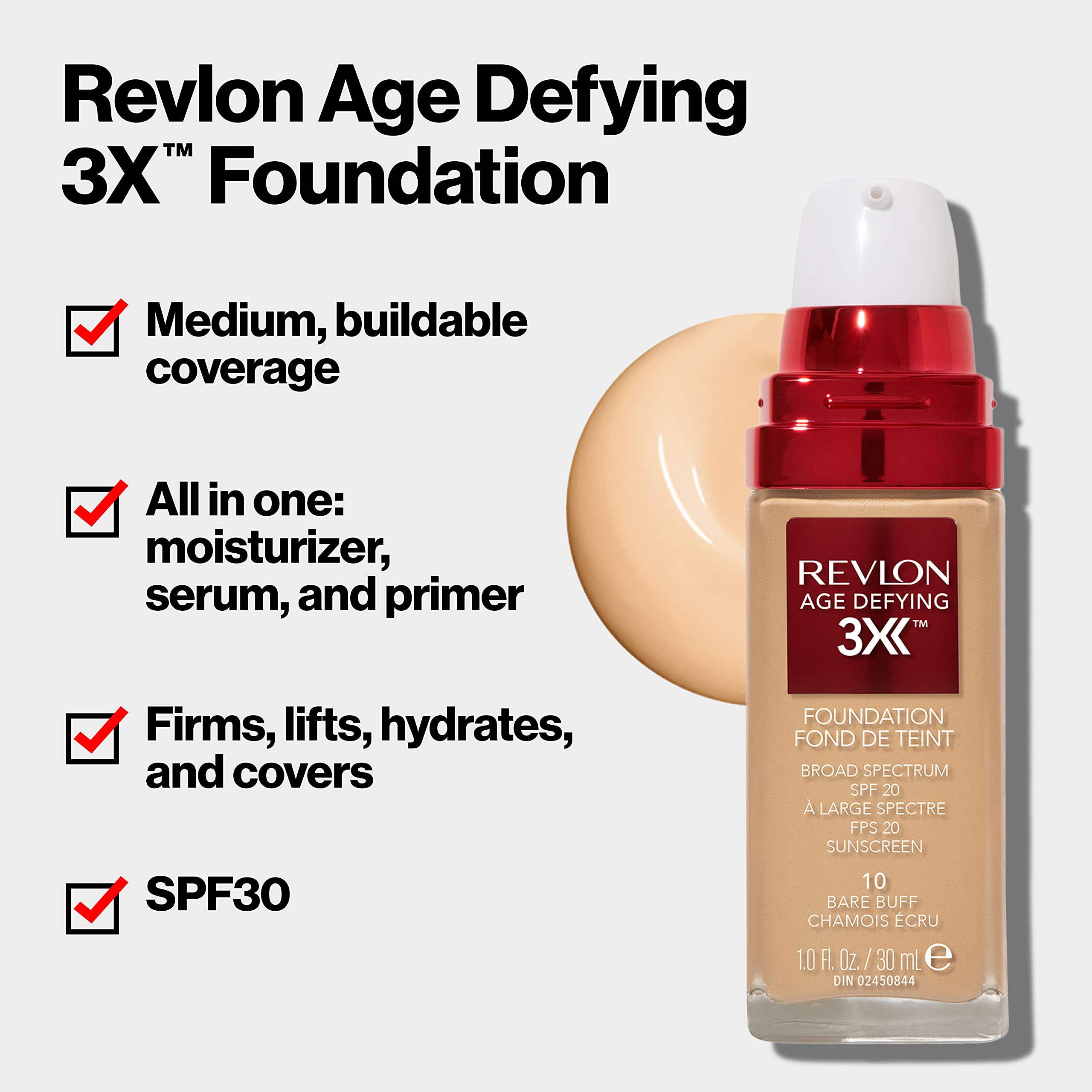 Revlon Age Defying 3X Makeup Foundation, Firming, Lifting and Anti-Aging Medium, Buildable Coverage with Natural Finish SPF 20, 045 Warm Beige, 1 fl oz