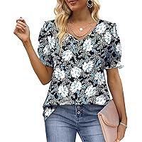 Women's Tops V Neck Ruffle Puff Sleeve Summer Fashion Casual Loose Fit T Shirts