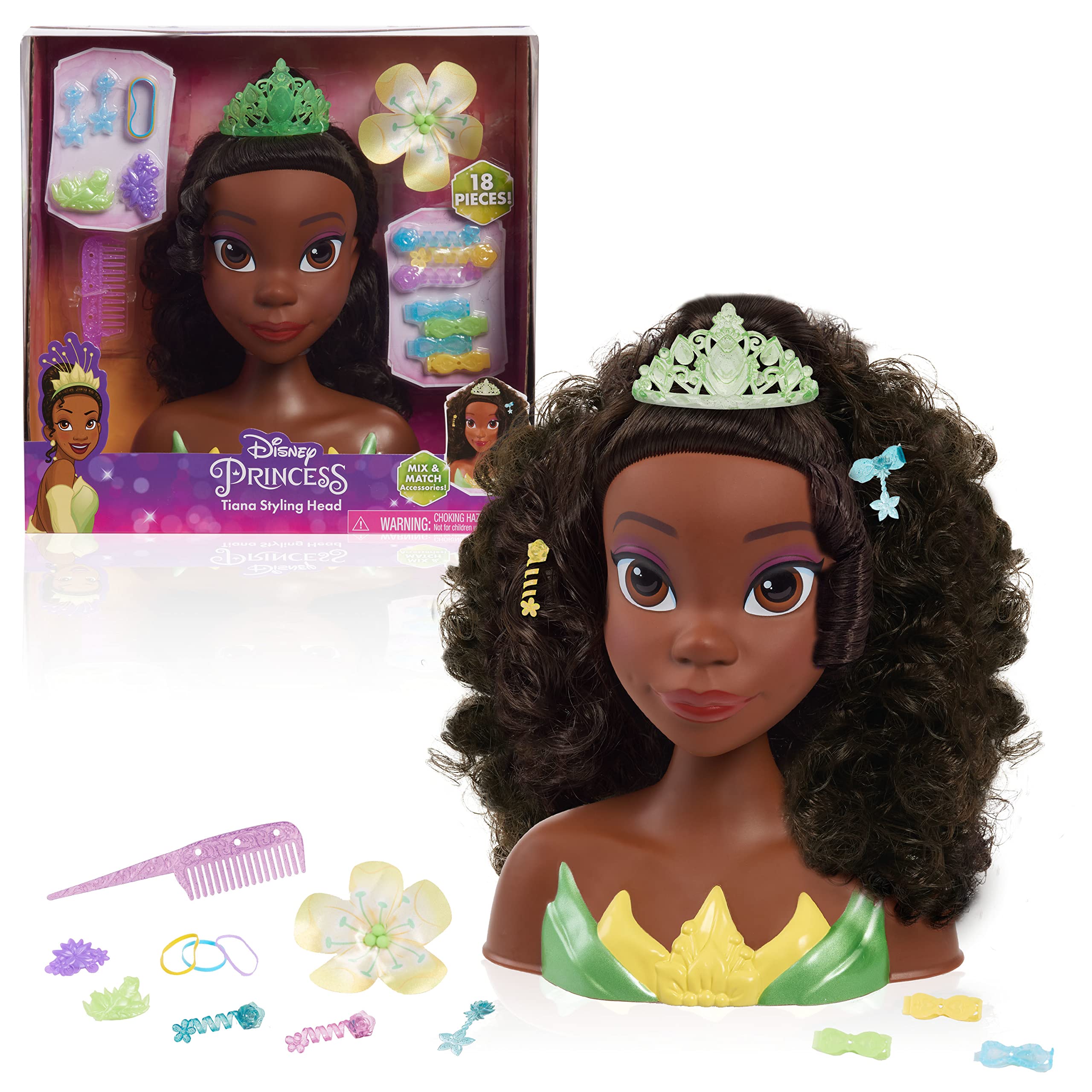 Disney Princess Tiana Styling Head, 18-Pieces, Pretend Play, Officially Licensed Kids Toys for Ages 3 Up, Gifts and Presents by Just Play