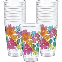 Clear With Multicolor Hibiscus Print Plastic Tumblers - 16 oz (Pack of 26) - Perfect For Parties & Tropical-Themed Events