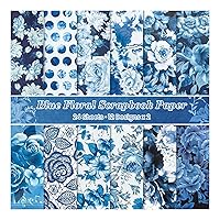 12-inch Watercolor Flower Scrapbook Paper, 24 Sheets Blue Floral Patterned Paper Pad Double-Sided Decorative Journaling Supplies for Card Making Holiday Album Planner