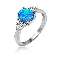 2.96g 925 Sterling Silver Oval Cut Created Blue Fire Opal Birth-Stone Solitaire Wedding Engagement Band Rings for Women Girls JZ125
