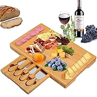 Bamboo Cheese Board and Knife Set with Slid-Out Drawer - Wood Charcuterie Platter Serving Tray for for Wine, Meat & Crackers, Perfect for Wedding Anniversary Housewarming & Entertaining