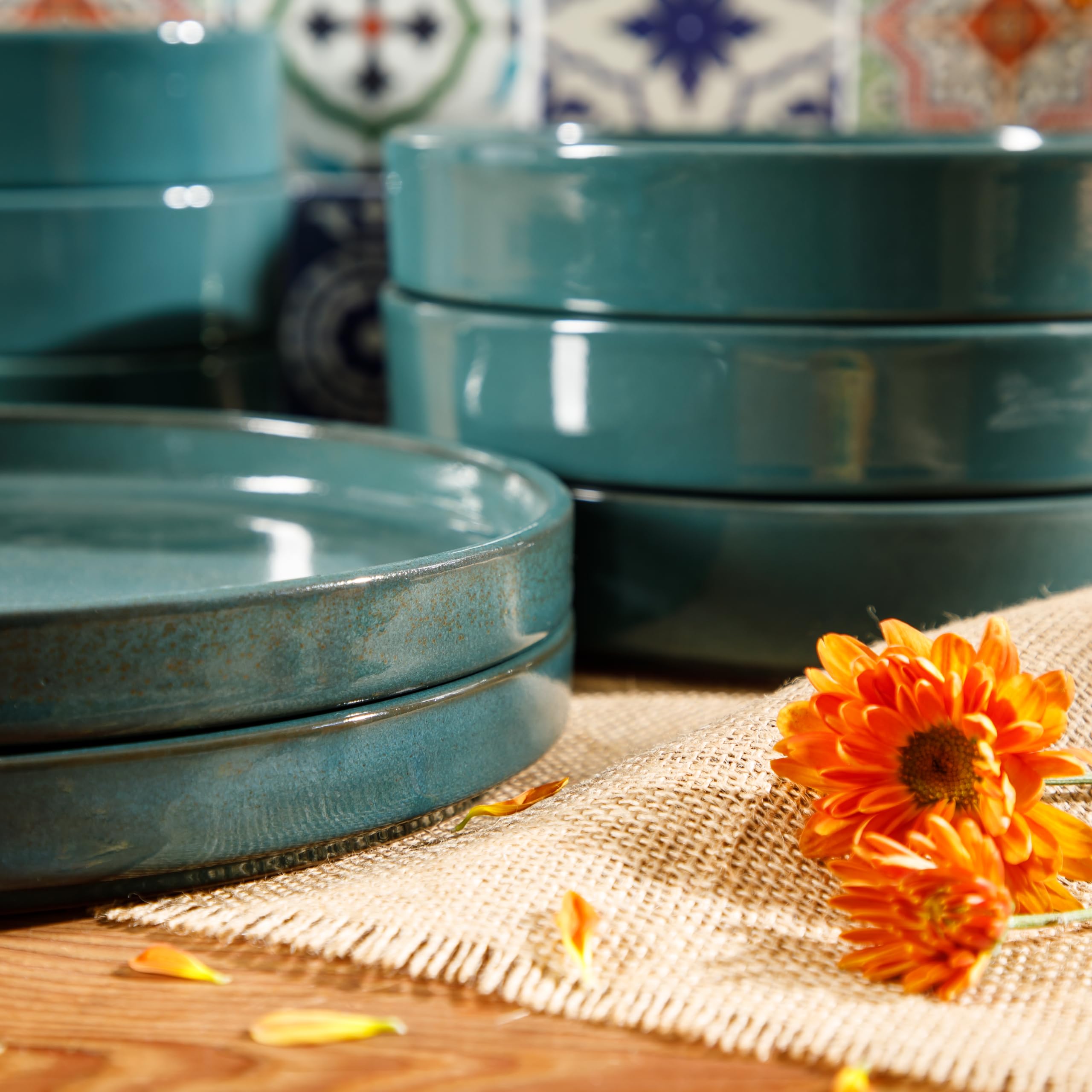 Bloomhouse - Oprah's Favorite Things - Santorini Mist Double Bowl Terracotta Reactive Glaze Plates and Bowls Dinnerware Set - Jade Blue Green, Service for Four (16pcs)