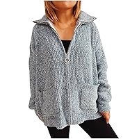 Womens Zip Up Warm Sweater Coat Oversized Laple Long Sleeve Chunky Knit Jackets with Pockets Winter Casual Cardigan