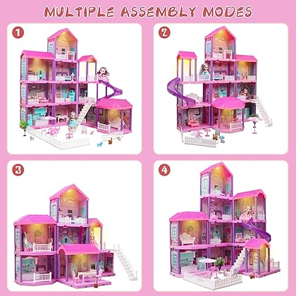 beefunni Doll House Dollhouse w/Furniture - Purple Large House with 2 Dolls, Slide, Lights,11 Rooms, DIY Creative Building House Toys for Girls, Idea Gifts for 3 4 5 6 7 8 + Year Old Kids
