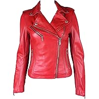 Unicorn Womens Fashion Biker Style Real Leather Jacket - Waxed Red #GJ