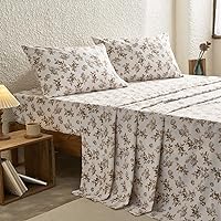 Wake In Cloud - Queen Size Bed Sheets, 4-Piece Sheet Set, Deep Pocket, Floral Shabby Chic Coquette Taupe Tan Brown Flower on White, Soft Microfiber Patterned Printed Bedding