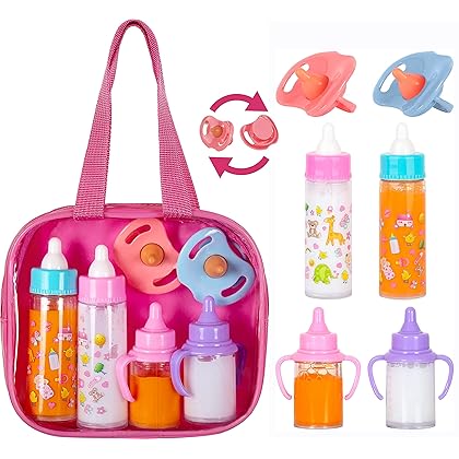 fash n kolor®, My Sweet Baby Disappearing Doll Feeding Set | Baby Care 6 Piece Doll Feeding Set for Toy Stroller | 2 Milk & Juice Bottles with 2 Toy Pacifier for Baby Doll,
