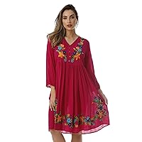 Riviera Sun Floral Embroidered 3/4 Sleeve Button Front Empire Waist Dress