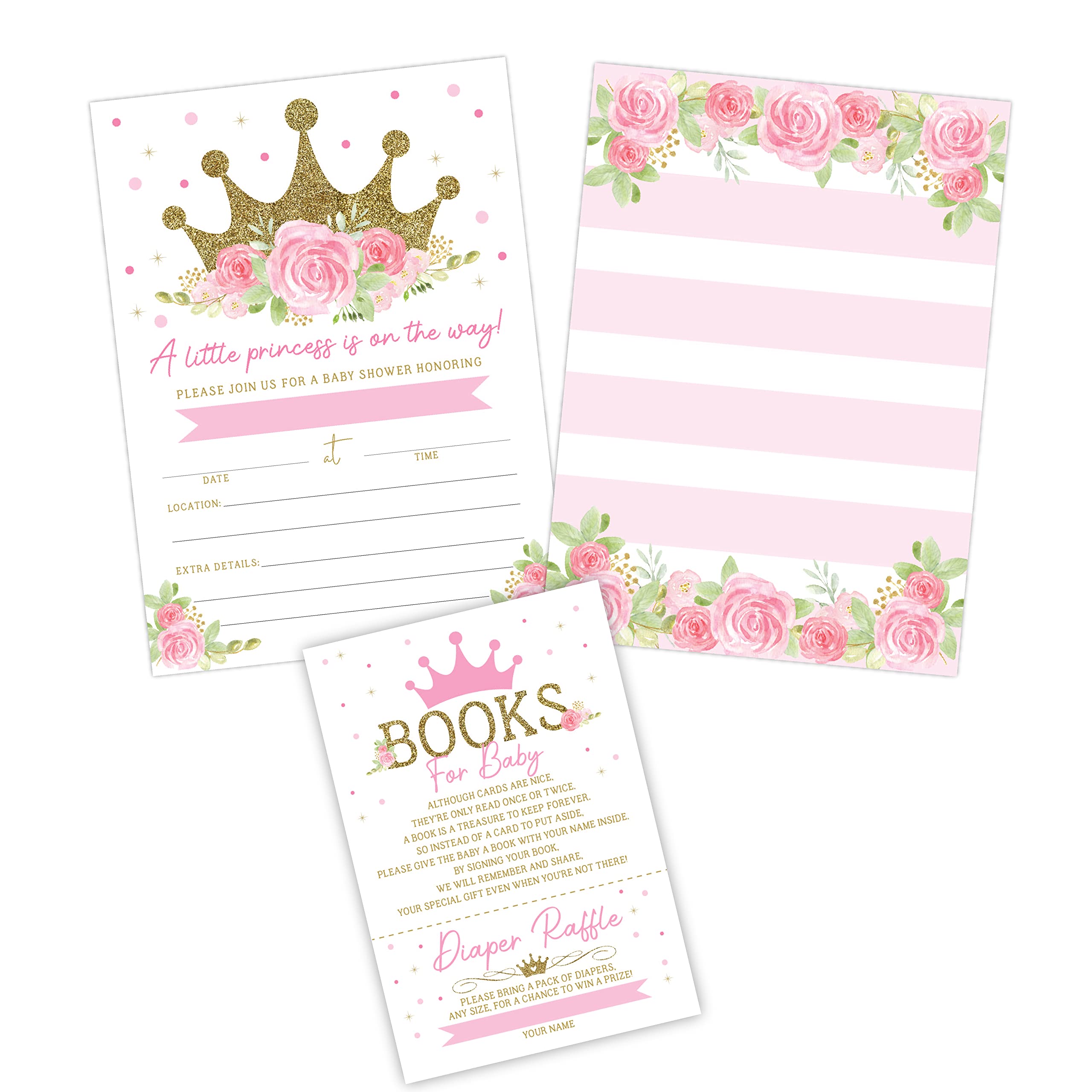 Princess Baby Shower Invitations with Book Request and Diaper Raffle Card, Pink Baby Sprinkle, 20 Fill in Invites