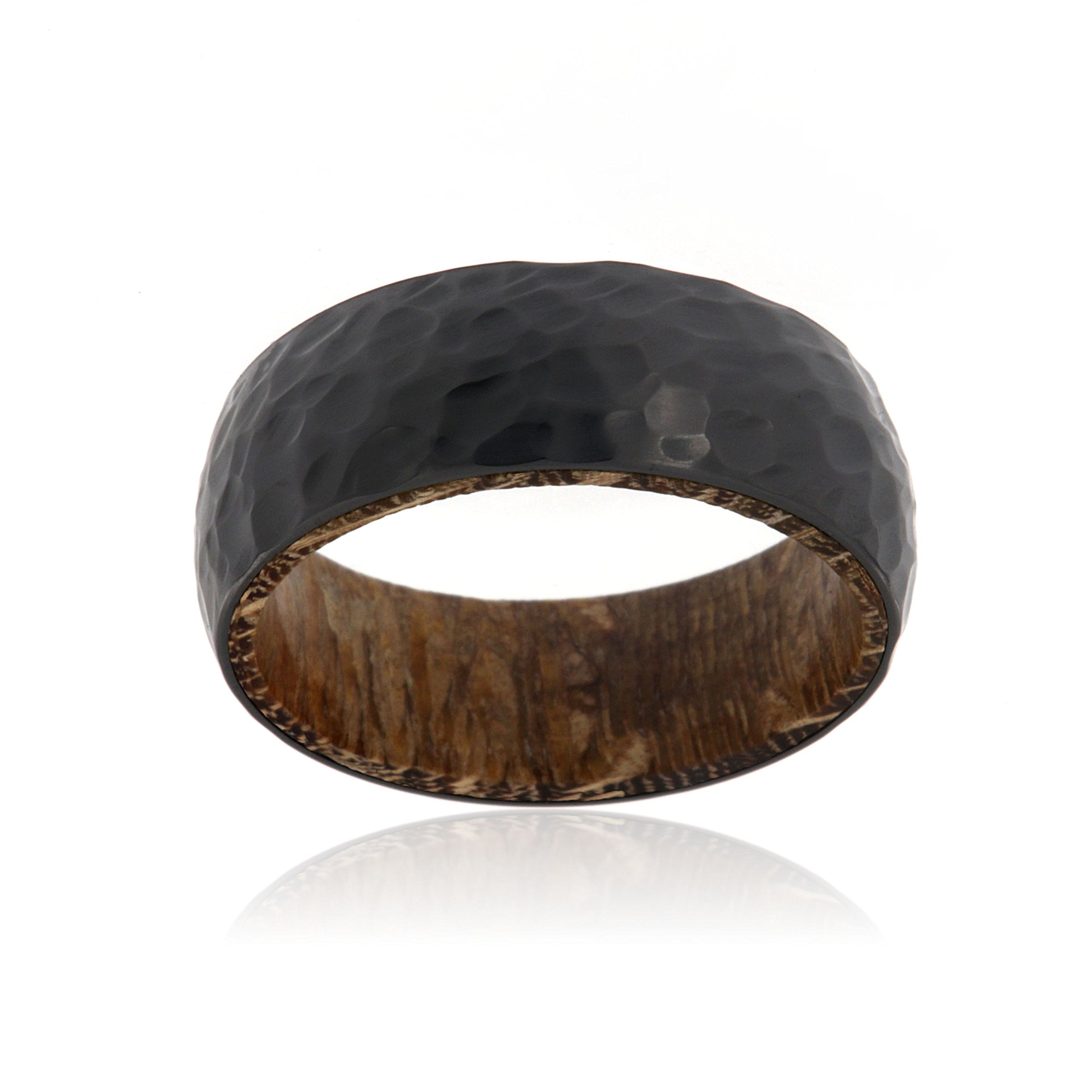 Black Zirconium Ring With Leopard Wood Sleeve And Premium Hammered Finish 8mm Wide Ring - USA Made Custom Jewelry And Bands