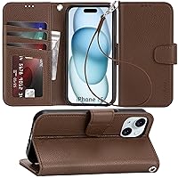 Arae Compatible with iPhone 15 Case with Card Holder and Wrist Strap Wallet Flip Cover for iPhone 15 6.1 inch Men/Women, Wristlet Strap, RFID Blocking,Litchi Brown