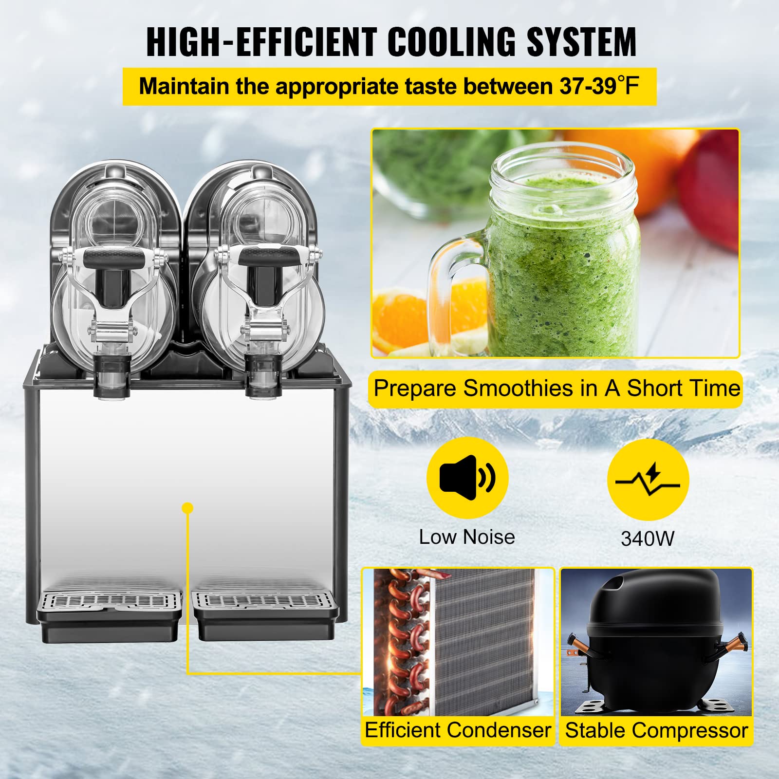 VEVOR Slushy Machine, 3Lx2Tank Frozen Drinks Maker Automatic Clean, 370W Fruit Juice Smoothie Makes for Home Supermarkets Cafes Restaurants, 3L2, black