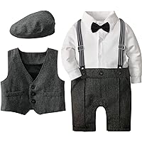 A&J DESIGN 4pcs Baby Boys Suit, 3 Months - 18 Months, Gentleman Romper & Vest & Berets Hat & Bow Tie